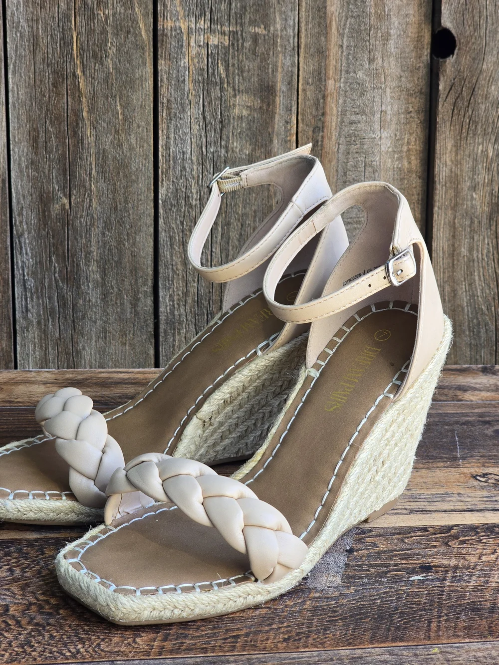 Dream Paris Braided Ankle Strap Wedge Sandals in Beige Size 7